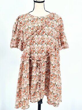 Mikarose The Venice Modest Floral Tiered Ruffle Dress Peachy Pink Size L